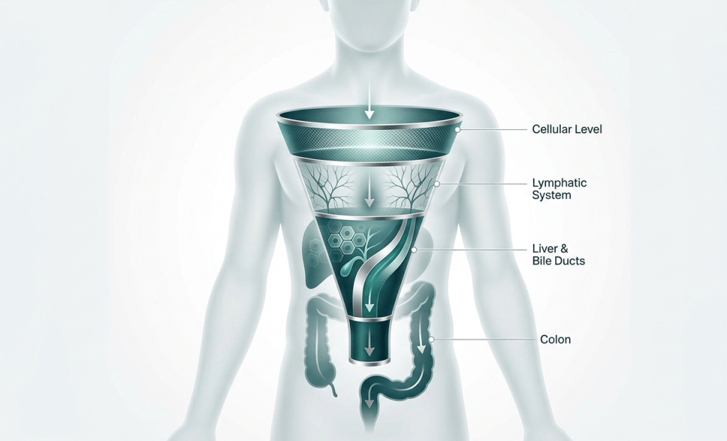 A professional medical infographic of the human drainage funnel showing the hierarchy of detoxification pathways from the colon and liver to the lymphatic system and cells.