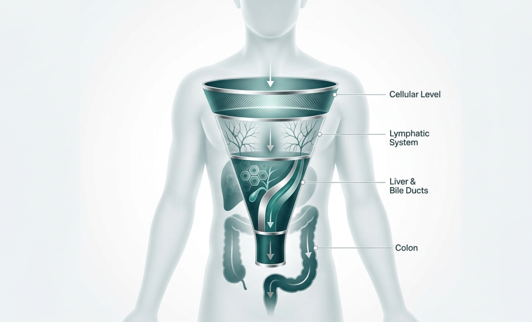 A professional medical infographic of the human drainage funnel showing the hierarchy of detoxification pathways from the colon and liver to the lymphatic system and cells.