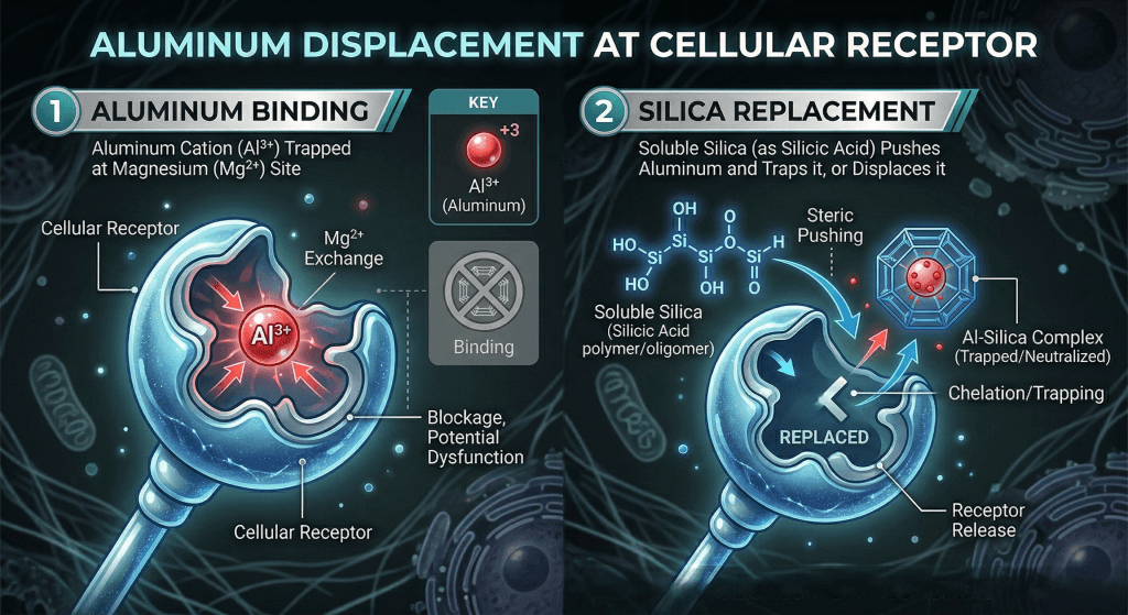 Diagram showing the biological antagonism between Silica and Aluminum at the cellular level for heavy metal detoxification.