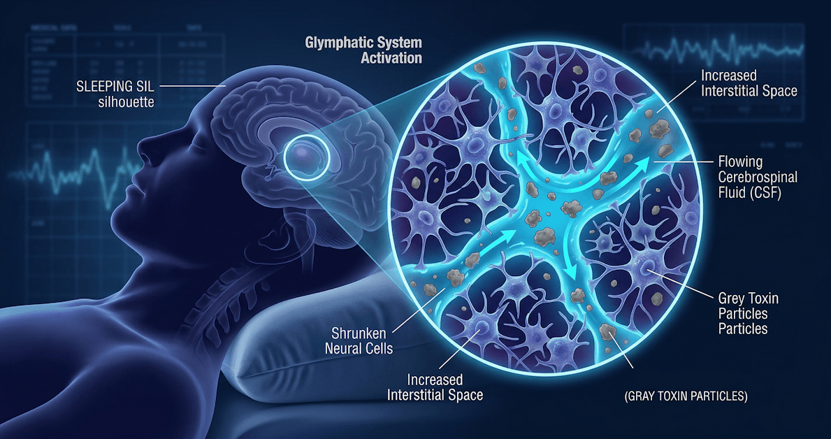Infographic of the glymphatic system showing cerebrospinal fluid flushing waste from the human brain during deep sleep.