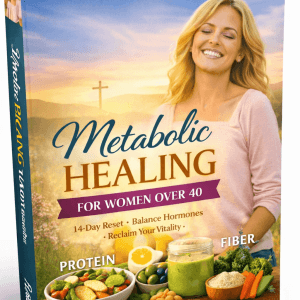 Standing 3D book image of Dr. Stacy’s “Metabolic Healing for Women Over 40” guide showing cover design with healthy food and sunrise background.