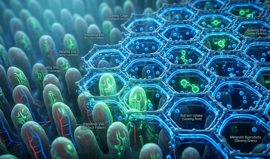 Microscopic view of Zeolite Clinoptilolite structure supporting human gut lining cells.