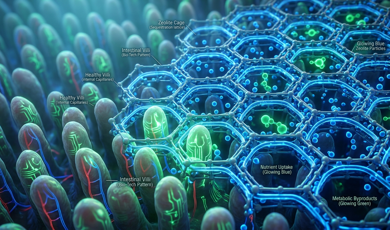 Microscopic view of Zeolite Clinoptilolite structure supporting human gut lining cells.