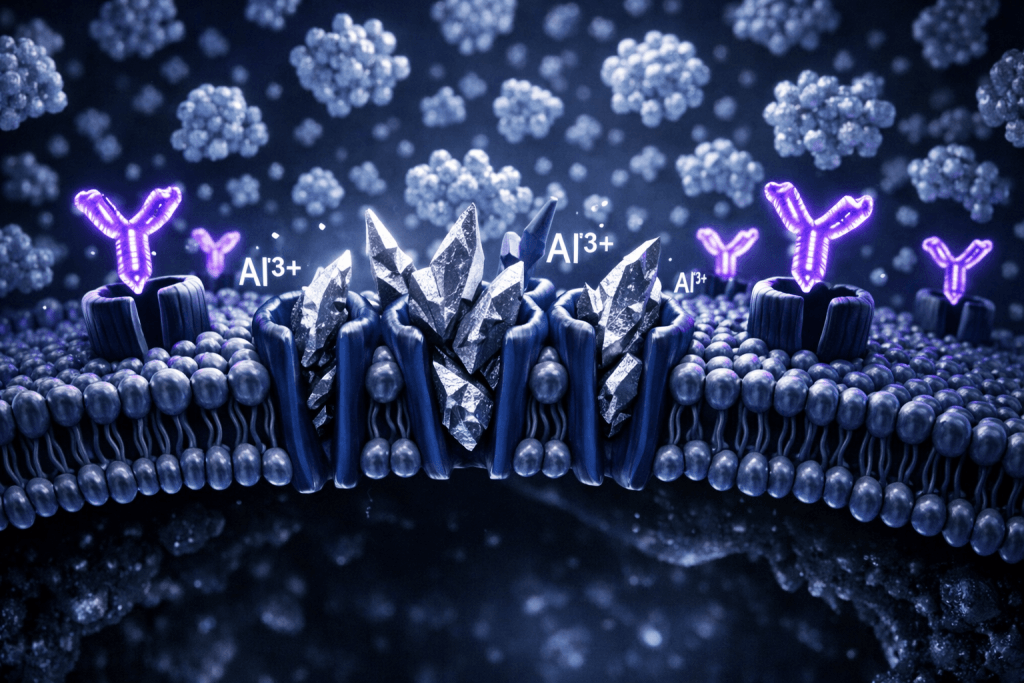 Clinical diagram showing how trivalent aluminum ions ($Al^{3+}$) physically block the $GLUT4$ channel and prevent insulin signaling, leading to localized insulin resistance.
