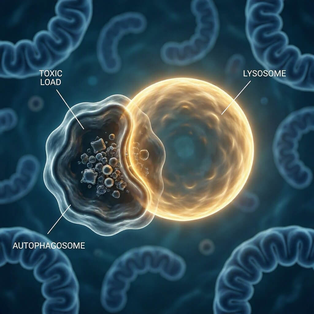 A high-level clinical illustration showing a lysosome identifying and engulfing damaged mitochondria and heavy metal residues during the autophagy process.