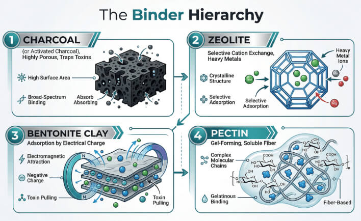 Diagram showing binder hierarchy comparing activated charcoal, zeolite cages, bentonite clay, and modified citrus pectin for heavy metal and mold detox.