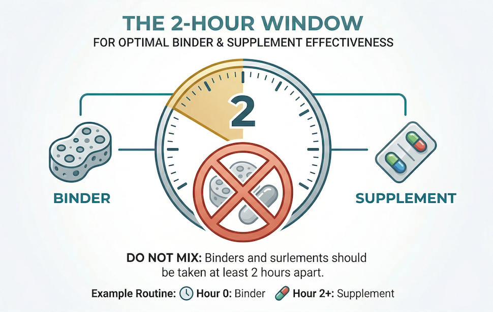 Infographic showing the 2-hour window required between taking binders and other nutritional supplements for optimal absorption.