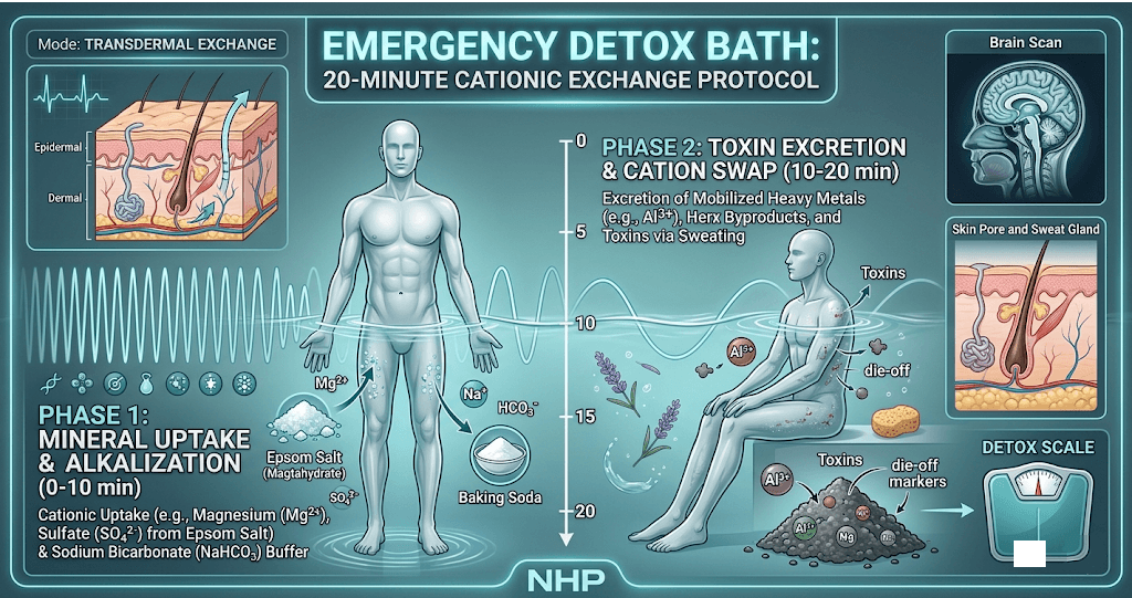 A visual timeline of a 20-minute detox bath showing mineral absorption in the first 10 minutes and toxin release in the final 10.