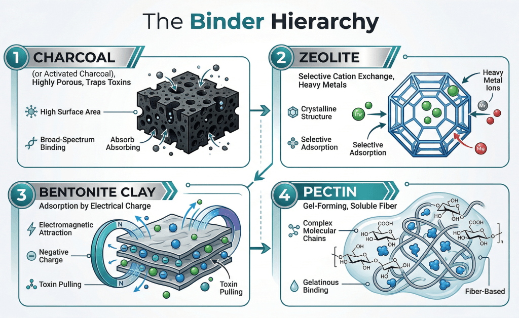 Comparison chart of detox binders including Activated Charcoal, Zeolite Clinoptilolite, Bentonite Clay, and Modified Citrus Pectin with their primary toxin targets.