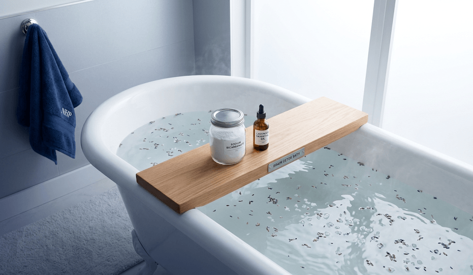 An emergency detox bath setup featuring Epsom salts, baking soda, and essential oils for soothing a Herx reaction.