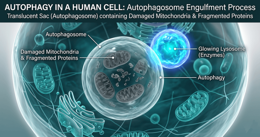 Infographic showing the mechanism of autophagy during a fast, where the autophagosome engulfs damaged mitochondria for recycling.