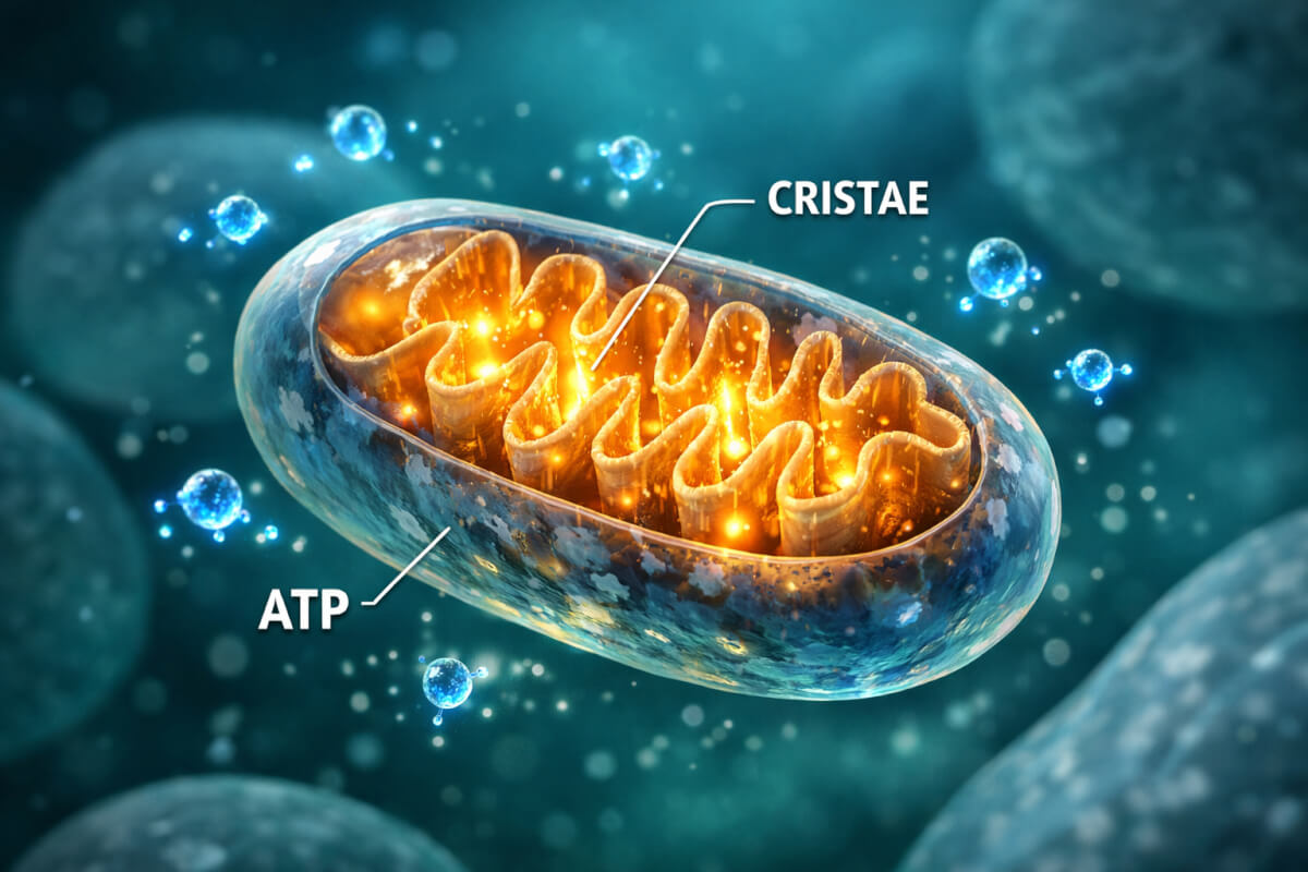 Clinical render of a healthy mitochondrion highlighting the cristae and ATP production as the foundation for longevity restoration.
