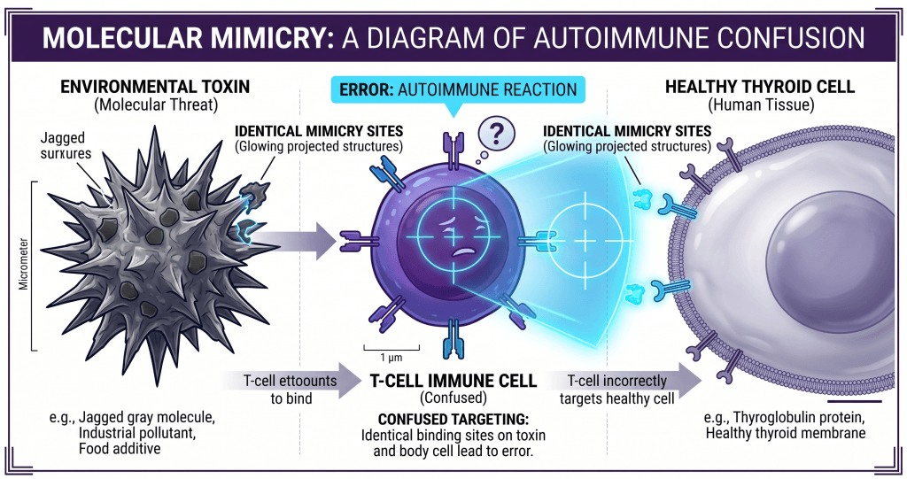 Clinical diagram showing how an immune T-cell incorrectly targets healthy thyroid cells due to molecular mimicry from environmental toxins.