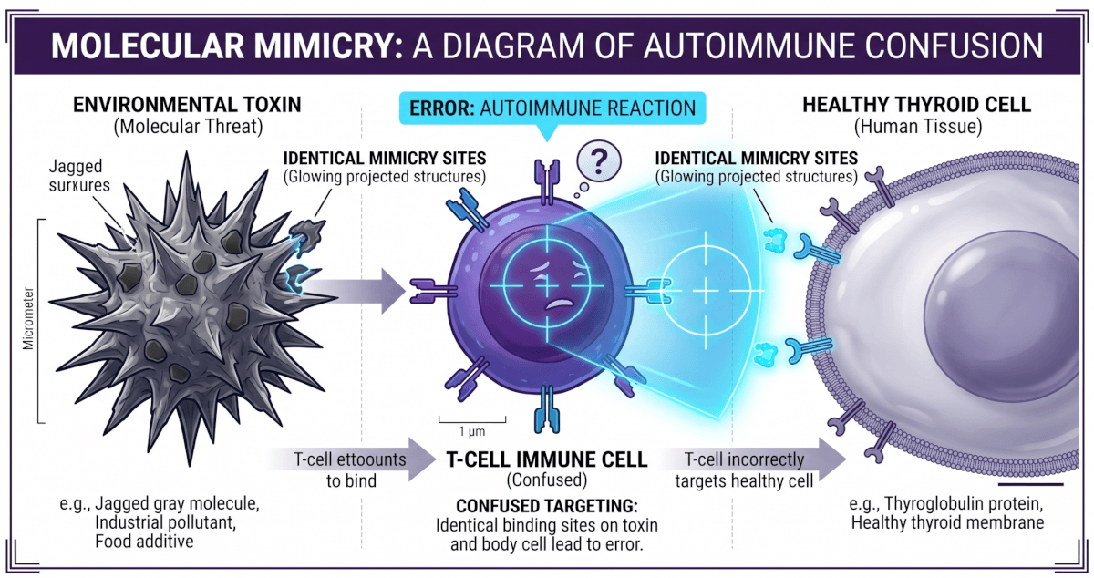 Clinical diagram showing how an immune T-cell incorrectly targets healthy thyroid cells due to molecular mimicry from environmental toxins.