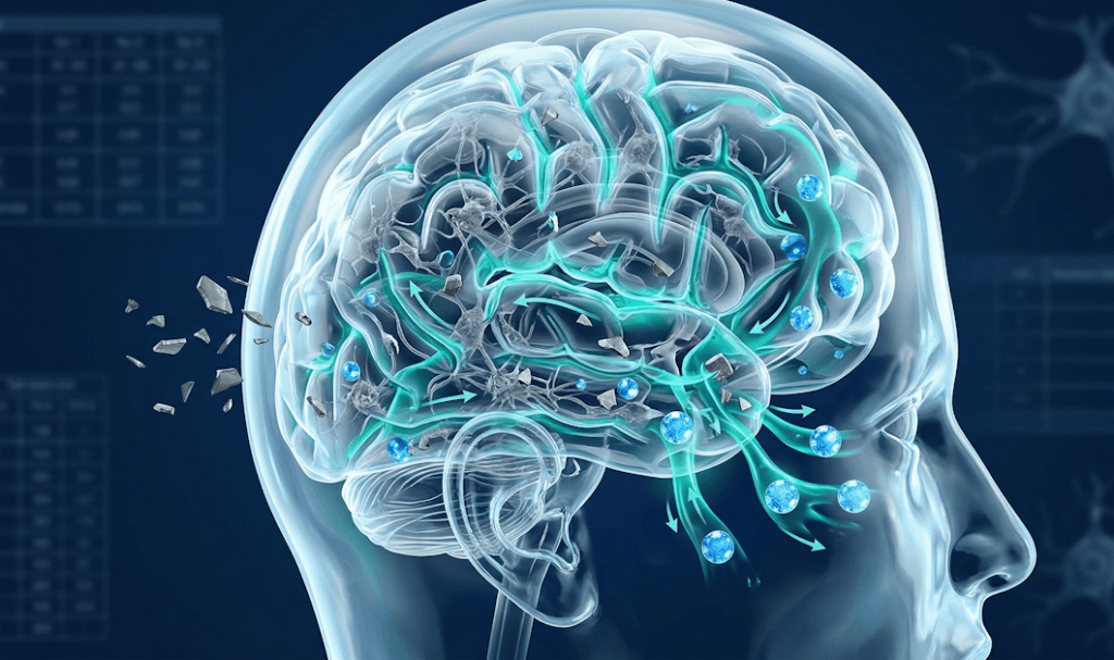 Medical illustration showing the brain's glymphatic system flushing neurotoxic aluminum with the support of bioavailable silica.