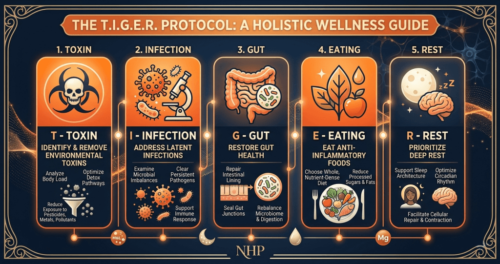 Infographic of the T.I.G.E.R. Protocol for autoimmune recovery, covering Toxins, Infections, Gut Health, Eating, and Rest.