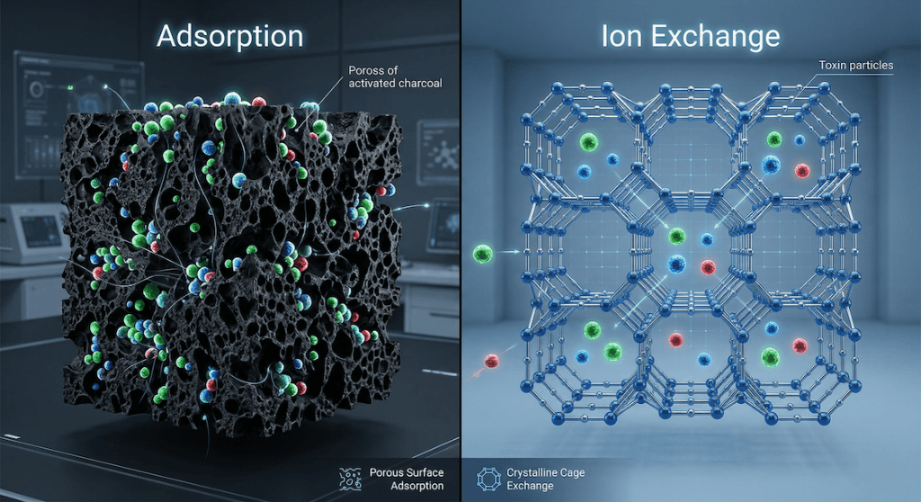 Diagram comparing Zeolite ion exchange cage mechanism versus Activated Charcoal adsorption surface for toxin binding.