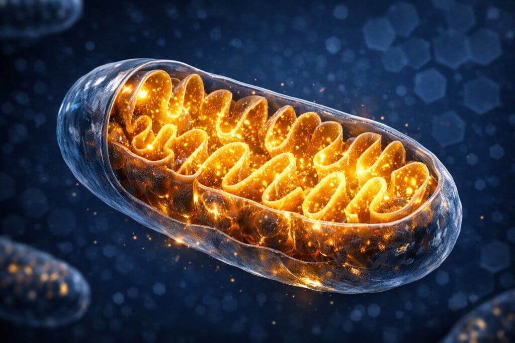 Detailed 3D visualization of healthy cardiolipin molecules within the mitochondrial cristae for energy production.