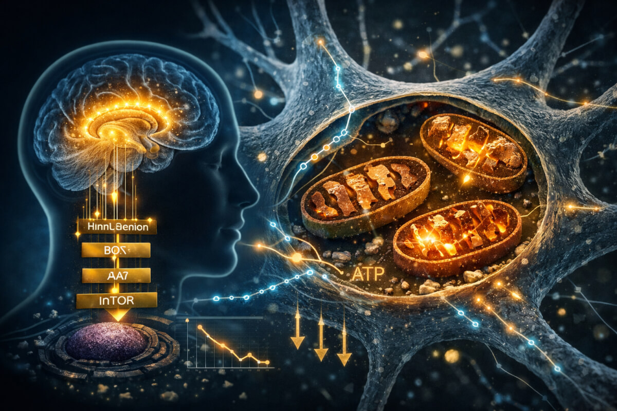 3D medical illustration of a human brain showing a close-up cross-section of a neuron with dysfunctional mitochondria struggling to process glucose due to insulin resistance.
