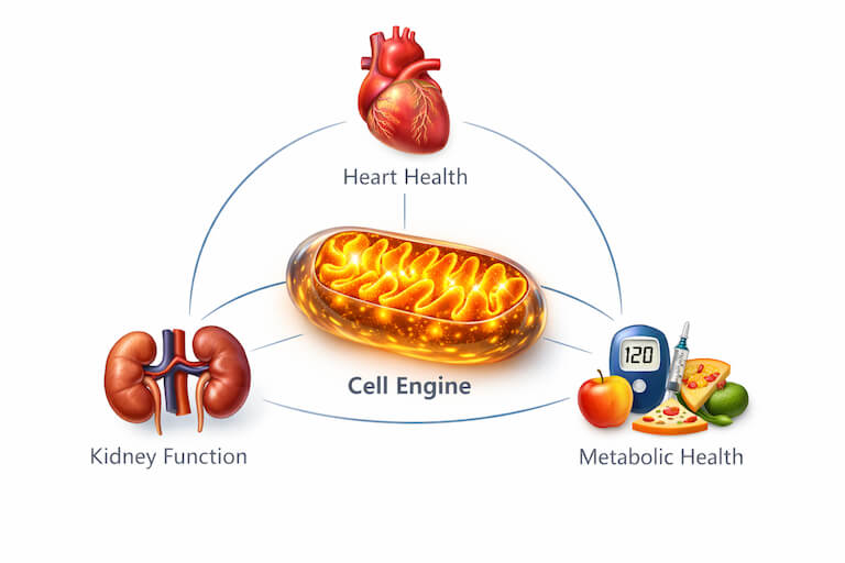 Diagram showing the link between Cardiovascular-Kidney-Metabolic (CKM) Syndrome and mitochondrial energy failure.