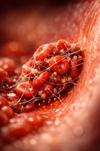 Microscopic visualization of a fibrin mesh and sticky platelets forming an inflammatory micro-clot inside a vascular capillary.