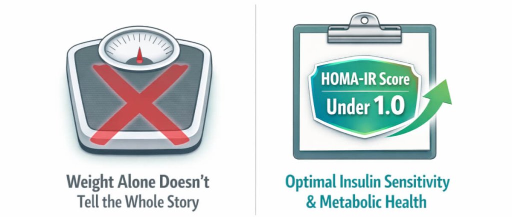 Medical infographic explaining why tracking your HOMA-IR score is a superior predictor of metabolic health and cancer risk compared to relying solely on body weight.