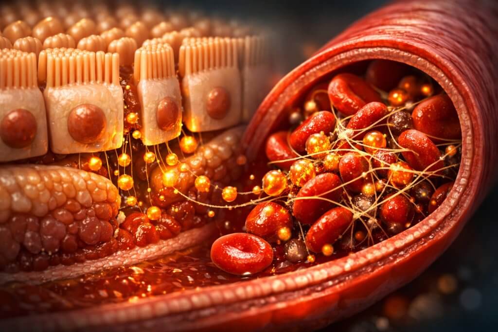 A detailed 3D medical illustration showing gut endotoxins passing through a compromised intestinal barrier into a blood vessel, initiating a blood clotting response.