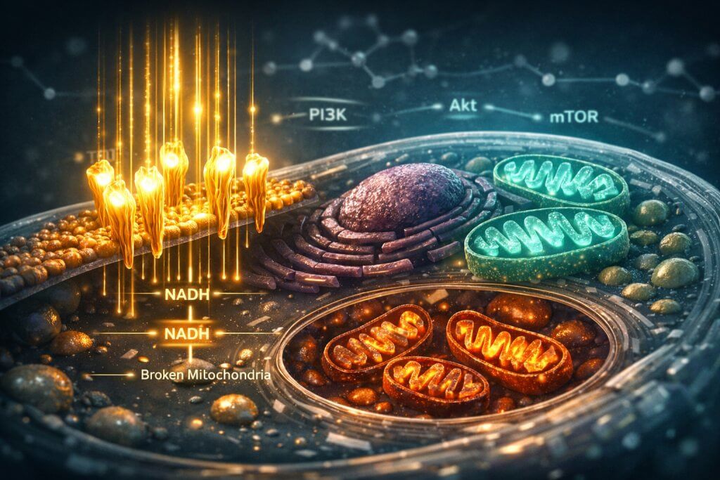 Detailed 3D molecular visualization showing how insulin resistance drives metabolic carcinogenesis via hyperinsulinemia and hyperactivated IGF-1 cell pathways.