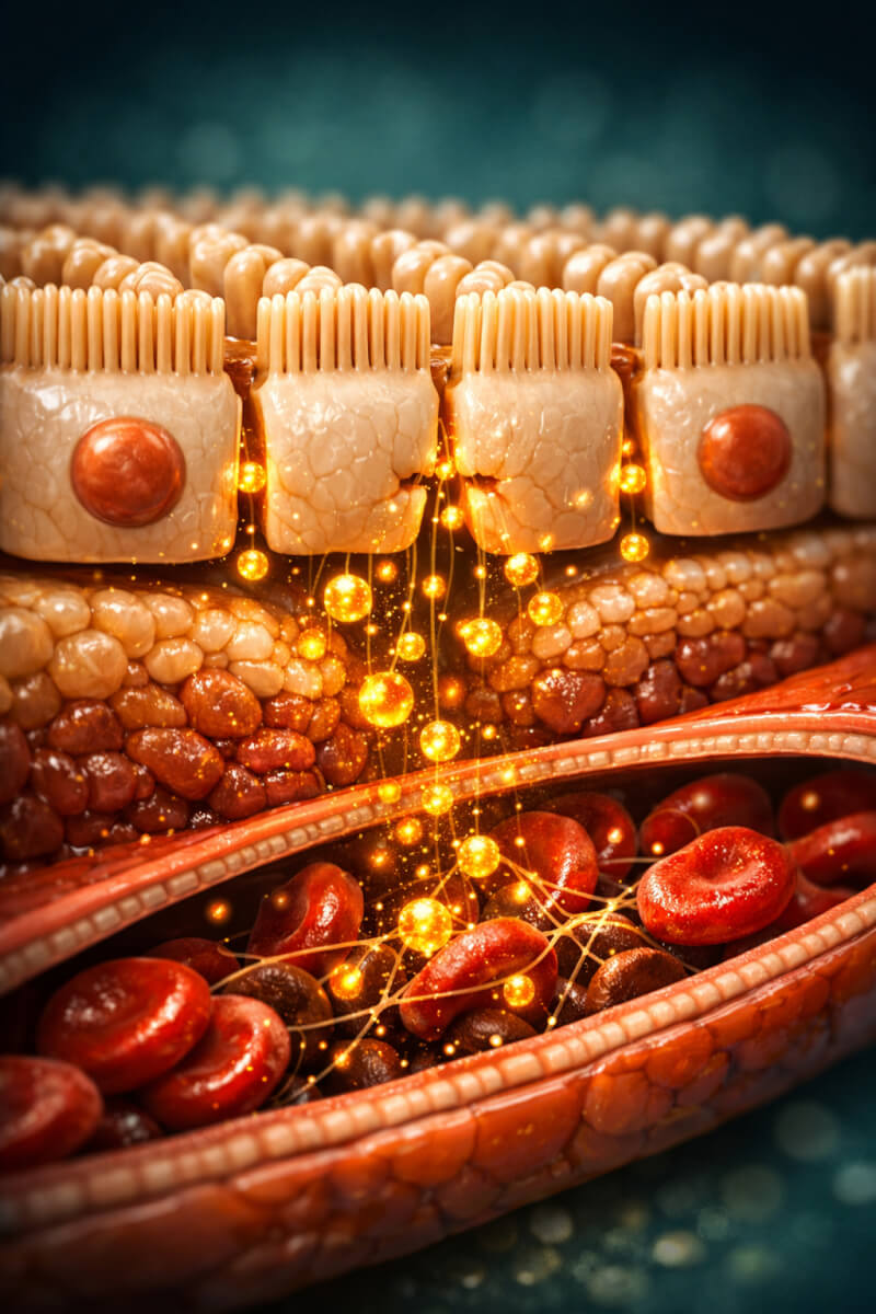Medical illustration showing lipopolysaccharide endotoxins leaking through a compromised gut barrier into the bloodstream.