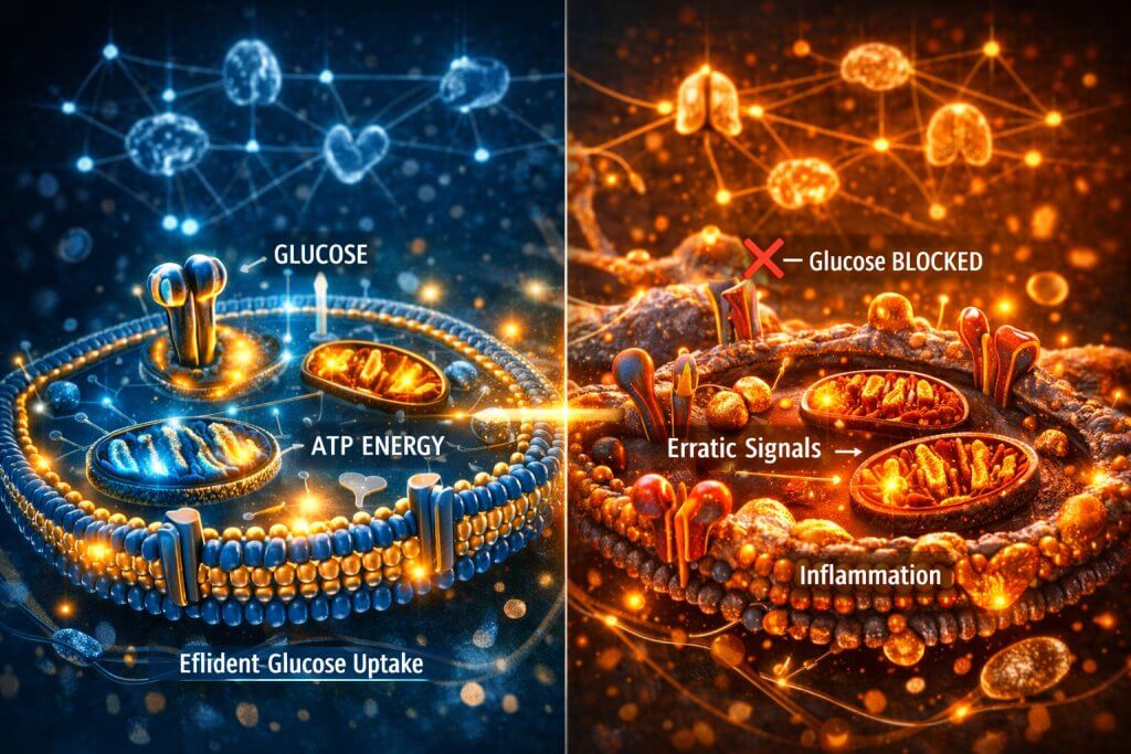 Scientific 3D illustration of mitochondrial energy production and cellular changes under insulin resistance conditions related to systemic cancer risk.