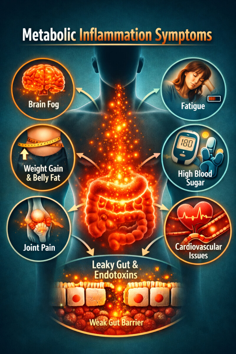 A detailed medical diagram illustrating common metabolic inflammation symptoms and gut barrier function