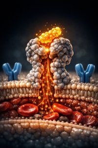 Conceptual diagram of an LPS endotoxin binding to a TLR4 receptor and blocking cellular insulin signaling from within.