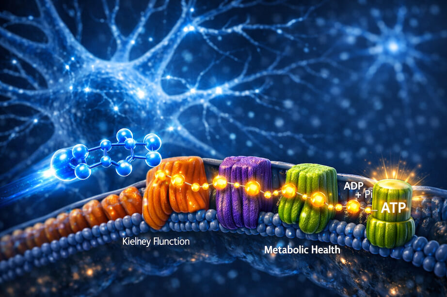 3D visualization of Methylene Blue facilitating electron transport in a mitochondrial membrane.