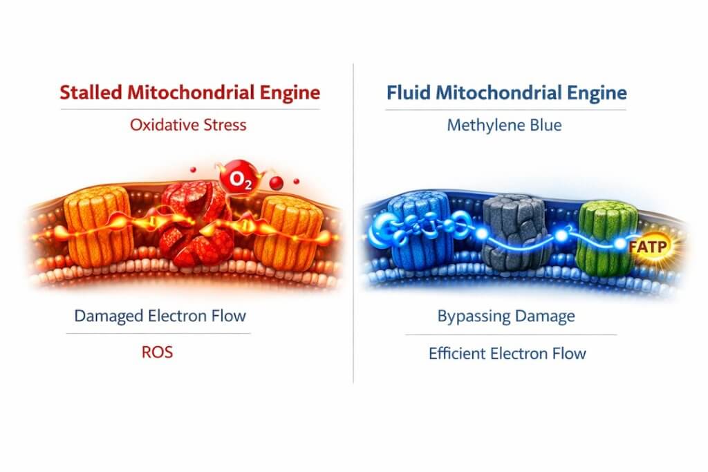 Infographic showing how Methylene Blue bypasses blocked complexes in the electron transport chain.
