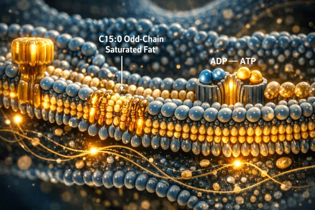 Close-up 3D scientific visualization of a healthy mitochondrial lipid bilayer membrane being stabilized by odd-chain saturated fatty acids like C15:0.