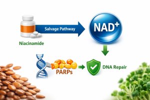 A flow chart showing Niacinamide converting to NAD+ and its effect on DNA repair enzymes (PARPs).