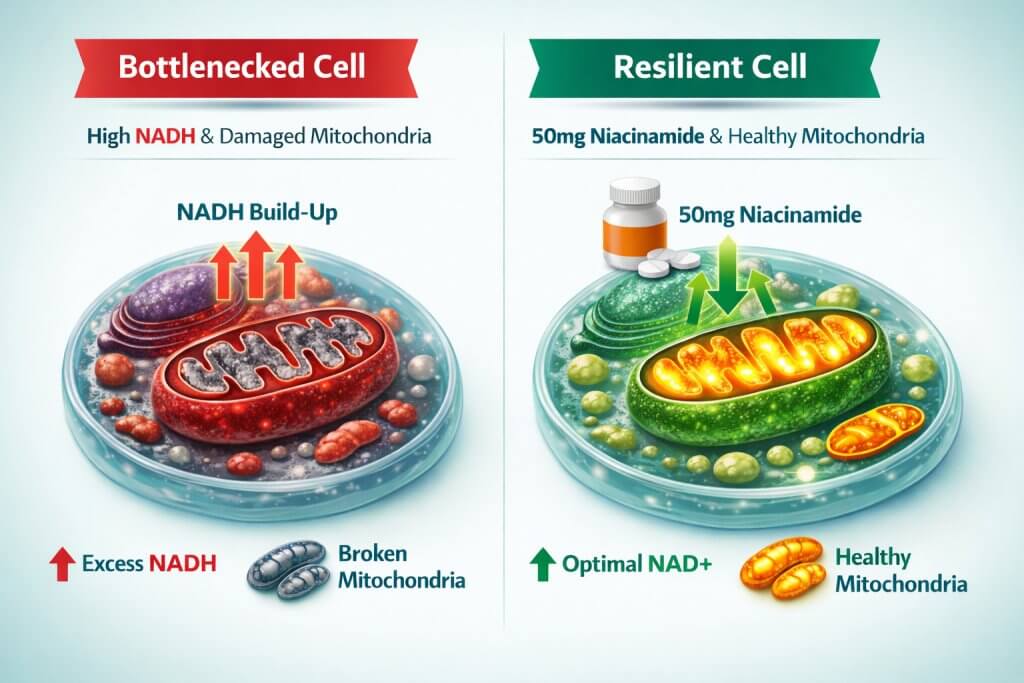 Infographic of the NAD+ salvage pathway showing niacinamide micro-dosing benefits for mitophagy.