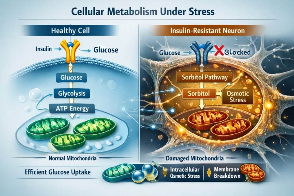 Schematic scientific diagram mapping out glucose transport inhibition across the blood-brain barrier alongside sorbitol pathway activation inside a neuron.