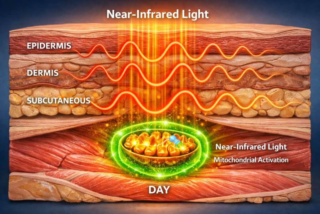 Scientific visual of NIR light waves reaching mitochondria through skin layers.