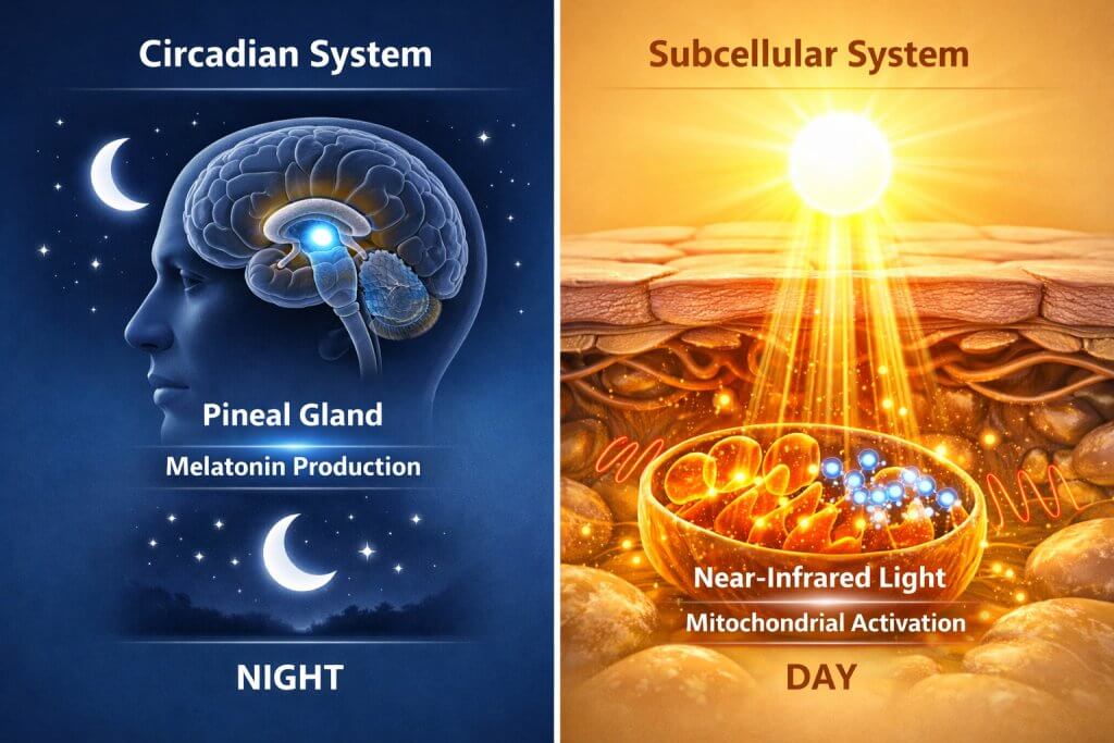 Comparison of night-time pineal melatonin and day-time mitochondrial melatonin synthesis.