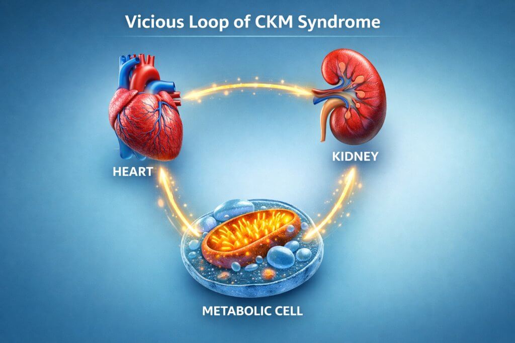 A 3D medical diagram showing the interconnected relationship between heart health, kidney function, and metabolic cellular energy in CKM syndrome.