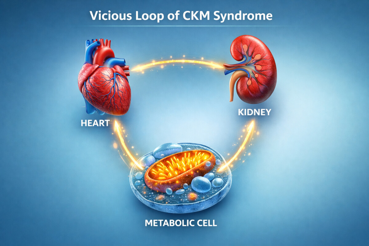 A 3D medical diagram showing the interconnected relationship between heart health, kidney function, and metabolic cellular energy in CKM syndrome.