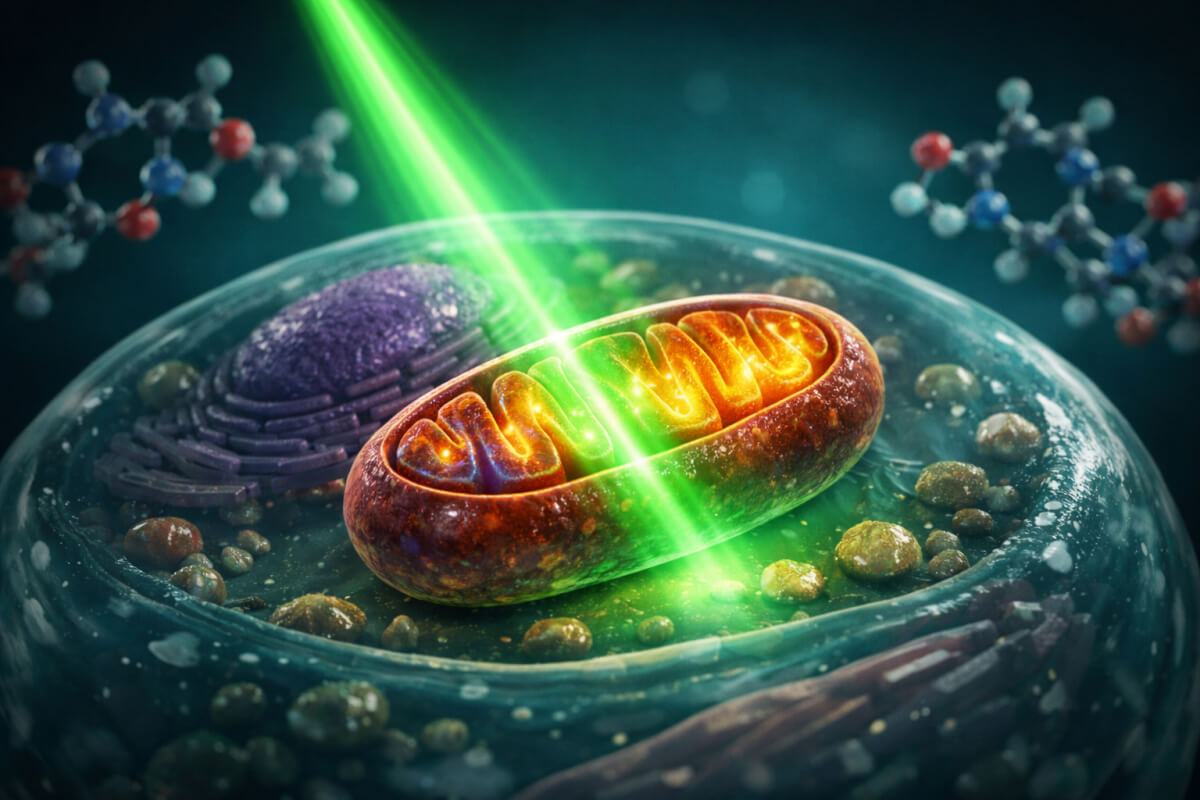 3D render of mitochondrial mitophagy and NAD+ salvage pathway.