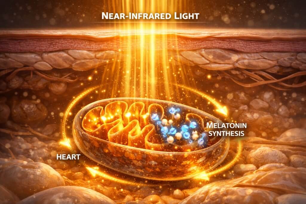 Illustration of near-infrared light triggering melatonin synthesis within the mitochondria.