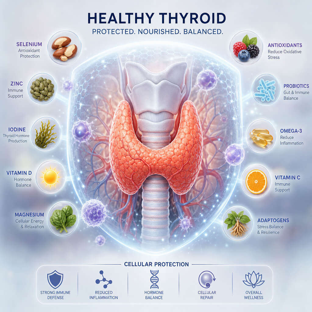 A professional medical illustration showing a vibrant, healthy thyroid gland surrounded by protective cellular safety signals and natural nutrients.
