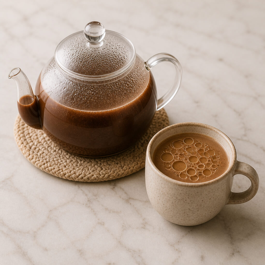 Teapot of rich chocolate mushroom gelatin tea beside a lighter mug with MCT oil circles on top, gut-healing functional beverage