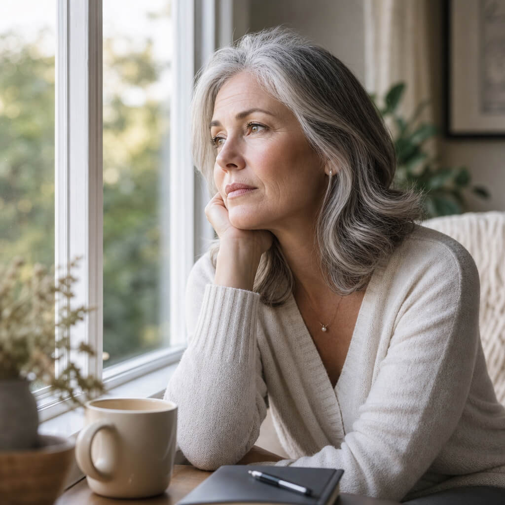 A mature woman looking thoughtfully out a window, illustrating the search for hidden chronic fatigue causes.