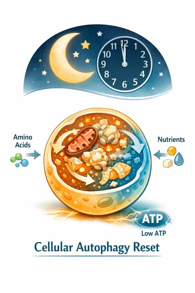 A stylized, clean medical illustration of a cellular lysosome recycling damaged organelles under a midnight moon graphic, symbolizing a circadian autophagy reset.