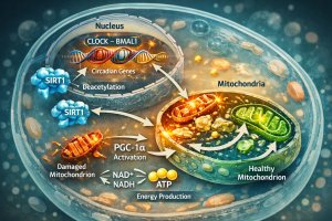 Diagram showing the biochemical interaction between SIRT1 proteins, CLOCK genes, and mitochondrial regeneration inside a human cell.
