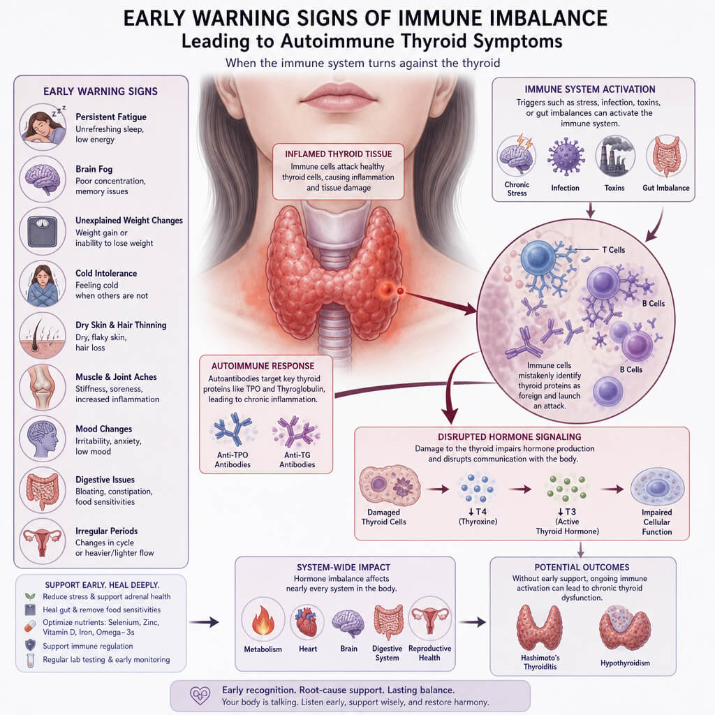 A detailed clinical illustration depicting the early warning signs of an immune system imbalance causing autoimmune thyroid symptoms.